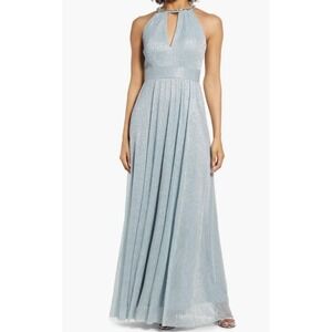 Eliza J Shimmering Cutout Halter A-line Gown In Sky Size 10